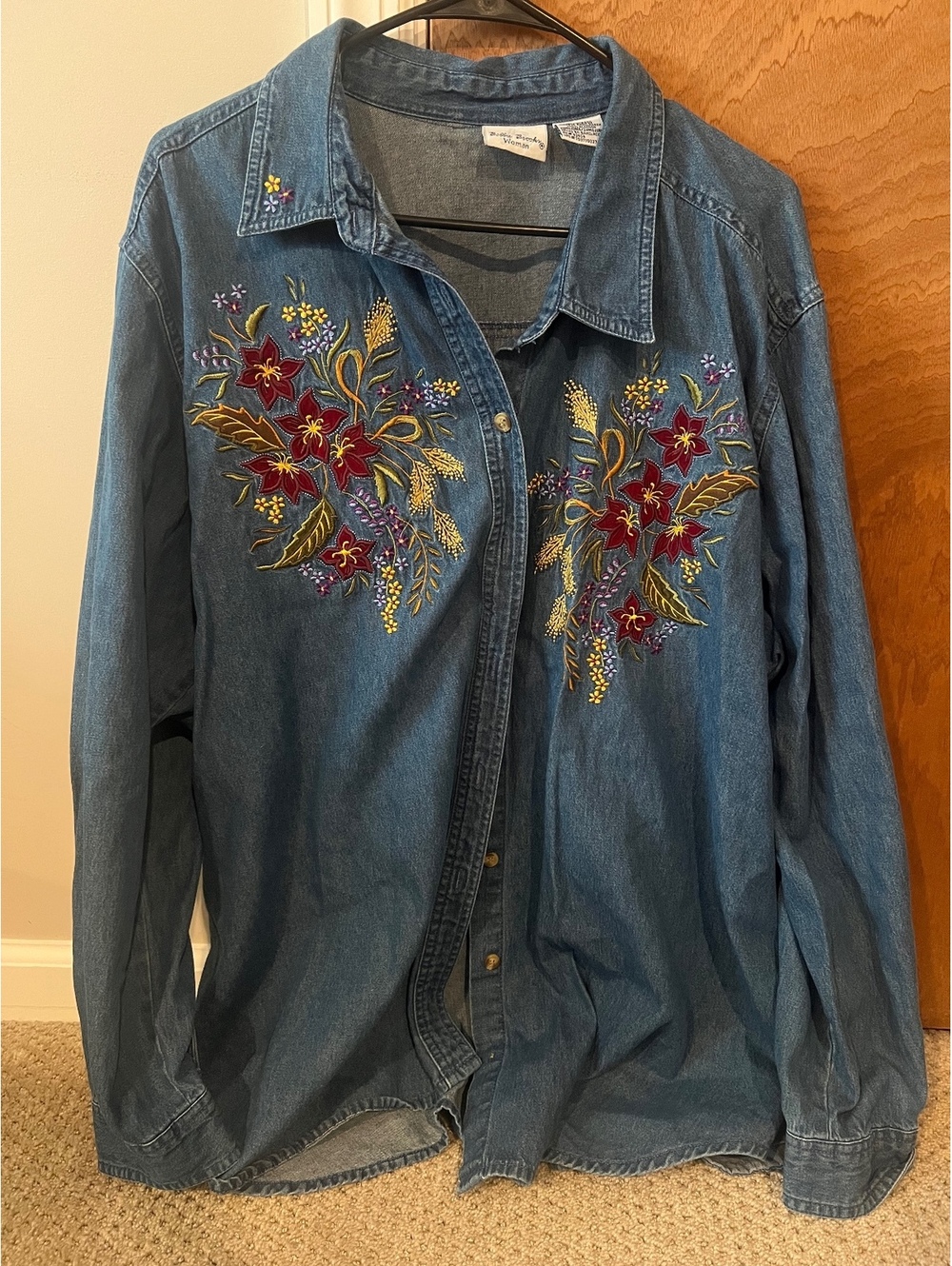 Vintage Denim Embroidered Floral Button Down Shirt